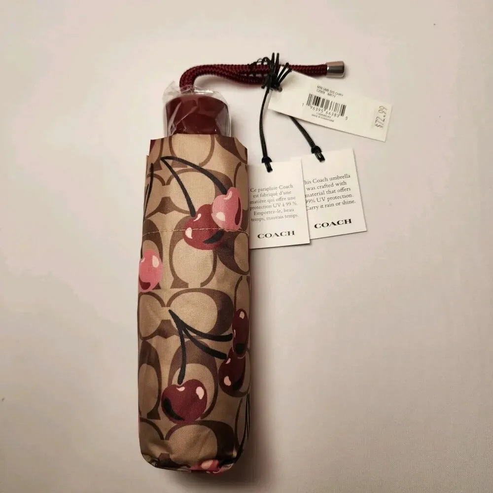 NWT COACH CZ929 MINI UMBRELLA UV PROTECTION SIGNATURE CHERRY